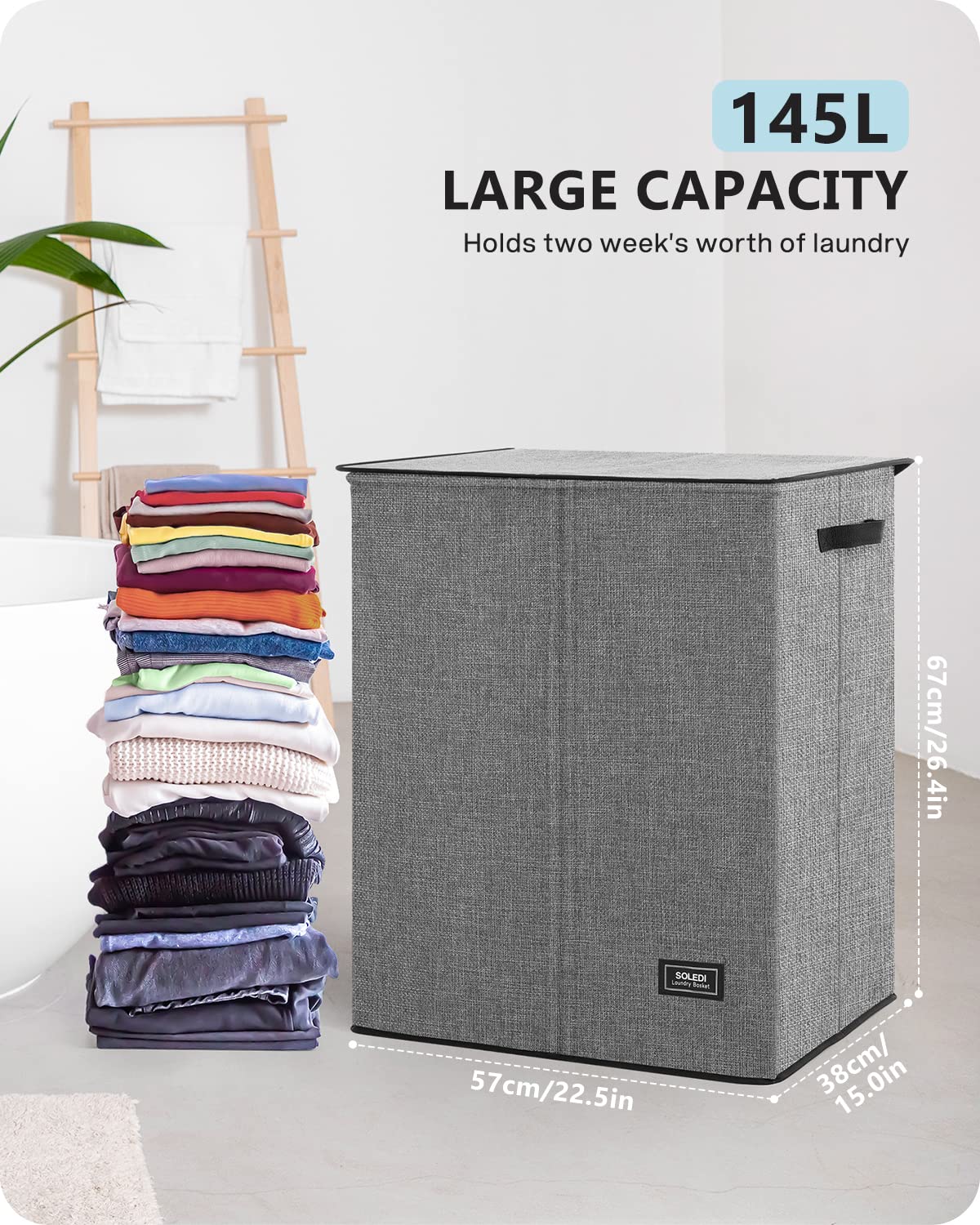 SOLEDI 145L Double Laundry Hamper with Lid (Grey)