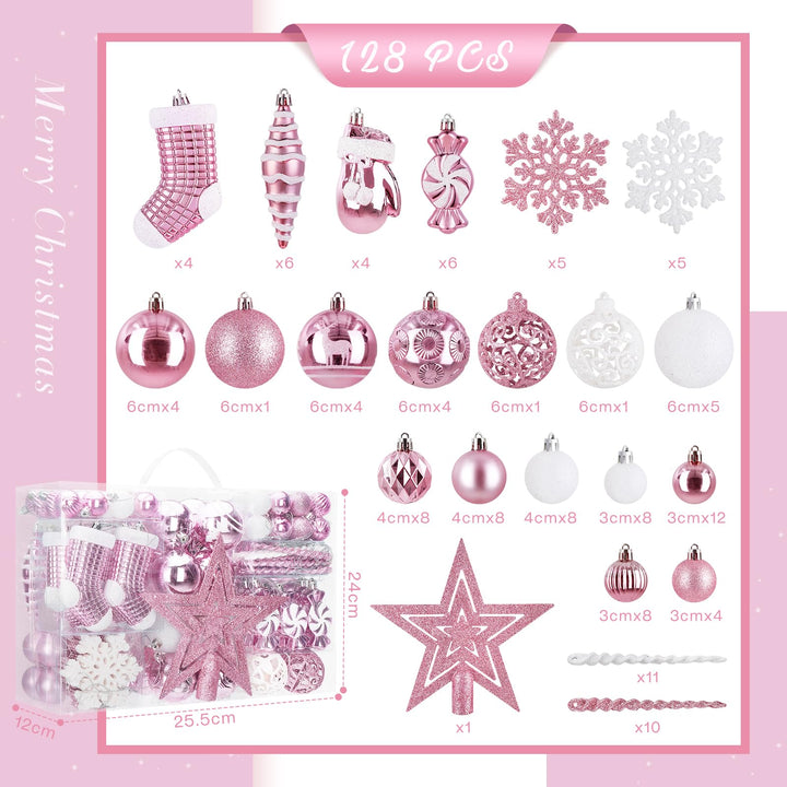SOLEDI  128 Pcs Christmas Ball Ornament Set Assorted Pink