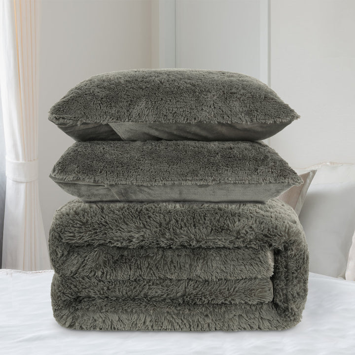 Faux Fur Comforter Set Solid Luxury Warm (Grey)