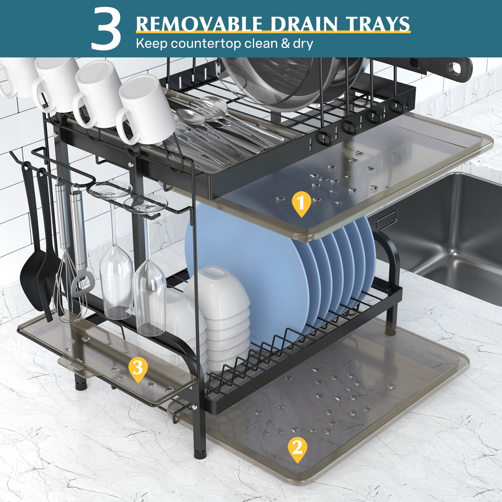 SOLEDI Dish Drying Rack with Cup Holder 2 Tier