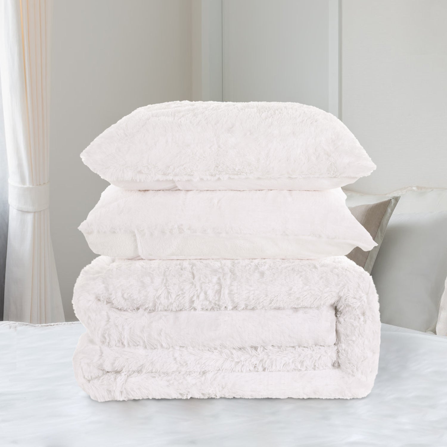 Faux Fur Comforter Set Solid Luxury Warm (White)